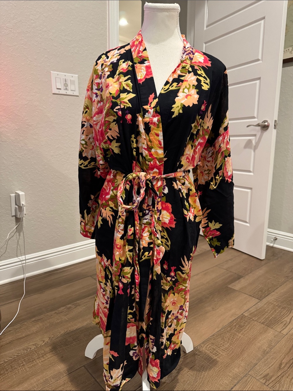 Floral Black Kimono Robe with Pink & Yellow Blooms